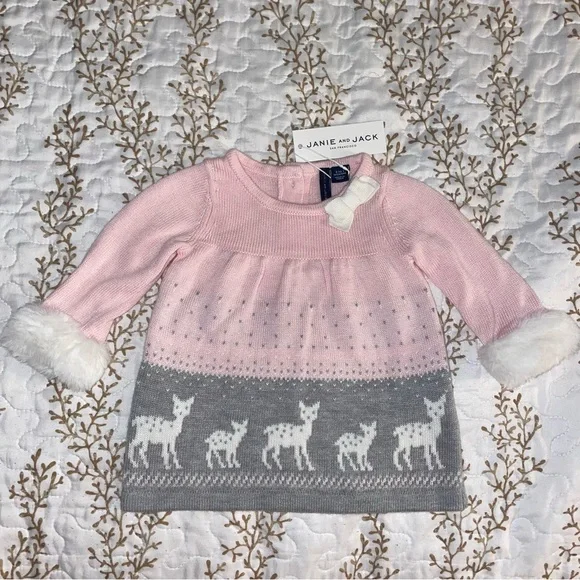 Janie and Jack | Dresses | Nwt Janie And Jack Girl Fur Bow Pink Holiday  Deer Dress Size 36 Months Baby Kid